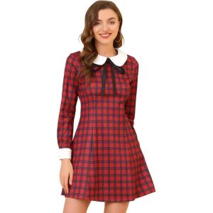 imageAllegra K Womens Christmas Peter Pan Collar Long Sleeve Mini Plaid Tartan DressRed