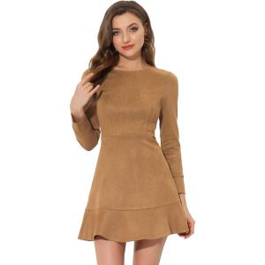 imageAllegra K Womens Faux Suede Round Neck Elegant Long Sleeve Ruffle DressBrown