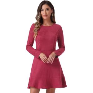 imageAllegra K Womens Faux Suede Round Neck Elegant Long Sleeve Ruffle DressBurgundy