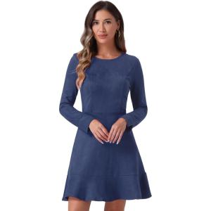 imageAllegra K Womens Faux Suede Round Neck Elegant Long Sleeve Ruffle DressDark Blue