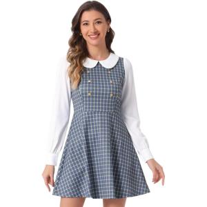 imageAllegra K Womens Peter Pan Collar Contrast Color Button Decor ALine Christmas Plaid Mini DressBlue