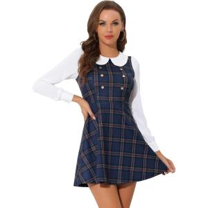 imageAllegra K Womens Peter Pan Collar Contrast Color Button Decor ALine Christmas Plaid Mini DressDark Blue