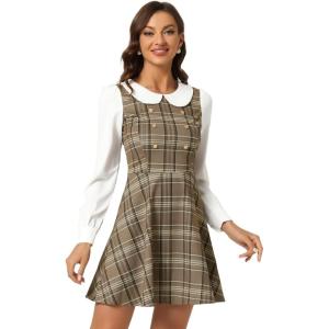 imageAllegra K Womens Peter Pan Collar Contrast Color Button Decor ALine Christmas Plaid Mini DressKhaki Brown