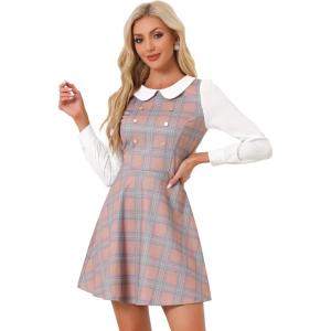 imageAllegra K Womens Peter Pan Collar Contrast Color Button Decor ALine Christmas Plaid Mini DressPink