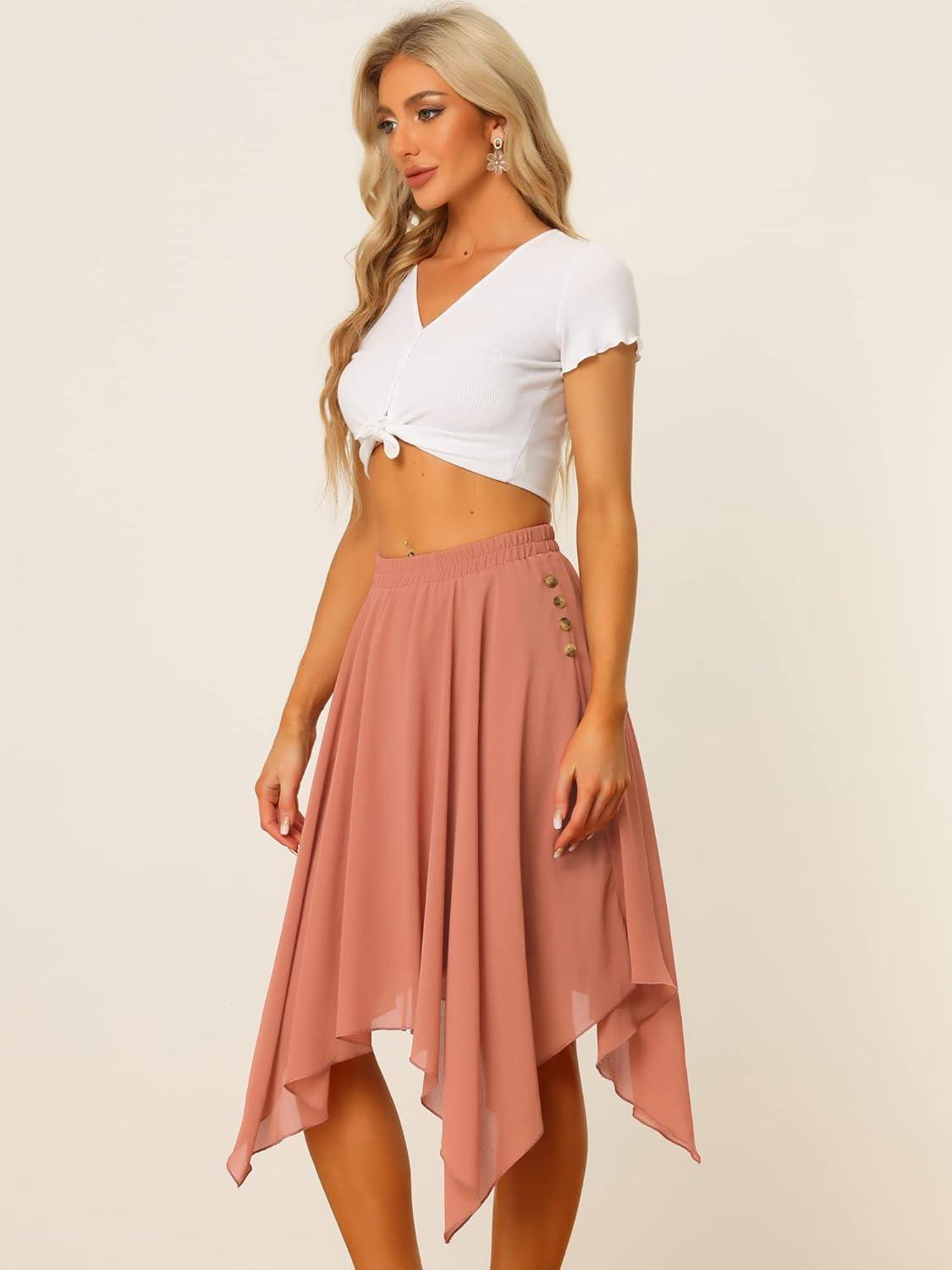 imageAllegra K Womens Asymmetrical Hem Elastic Waist Chiffon Flowy Vintage Handkerchief Hemline Midi SkirtDark Coral