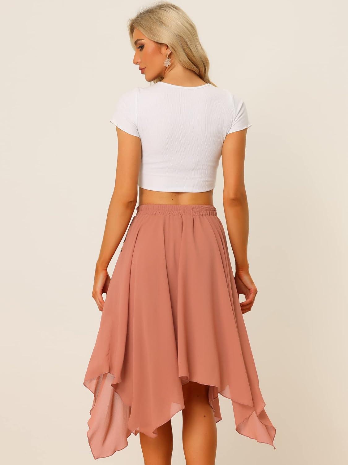 imageAllegra K Womens Asymmetrical Hem Elastic Waist Chiffon Flowy Vintage Handkerchief Hemline Midi SkirtDark Coral