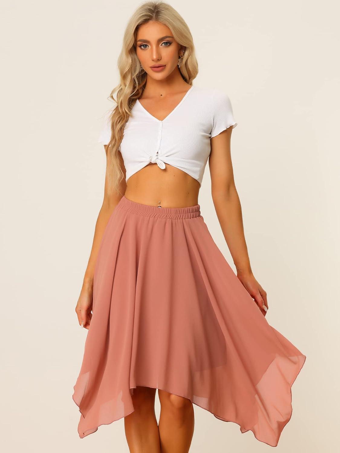 imageAllegra K Womens Asymmetrical Hem Elastic Waist Chiffon Flowy Vintage Handkerchief Hemline Midi SkirtDark Coral