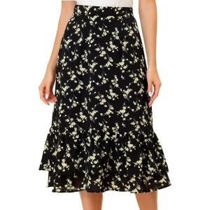 imageAllegra K Floral Midi Skirt for Womens Elastic Waist Flowy Chiffon Ruffled Tiered Skirts