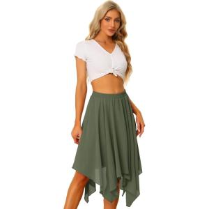 imageAllegra K Womens Asymmetrical Hem Elastic Waist Chiffon Flowy Vintage Handkerchief Hemline Midi SkirtArmy Green