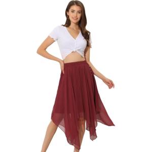 imageAllegra K Womens Asymmetrical Hem Elastic Waist Chiffon Flowy Vintage Handkerchief Hemline Midi SkirtBurgundy