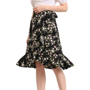 imageAllegra K Womens Floral Printed Self Tie Knot HighLow Ruffle Hem Wrap SkirtBlack a