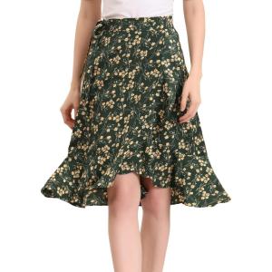 imageAllegra K Womens Floral Printed Self Tie Knot HighLow Ruffle Hem Wrap SkirtGreen