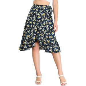 imageAllegra K Womens Floral Printed Self Tie Knot HighLow Ruffle Hem Wrap SkirtNavy Yellow