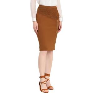 imageAllegra K Womens Knee Length Pencil Zip Slit Skirt Lace Panel High Waist Work SkirtsBrown