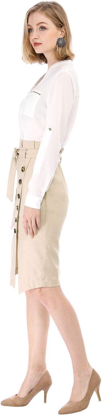 imageAllegra K Womens Button Decor Split Belted Smocked Vintage Short Pencil SkirtBeige