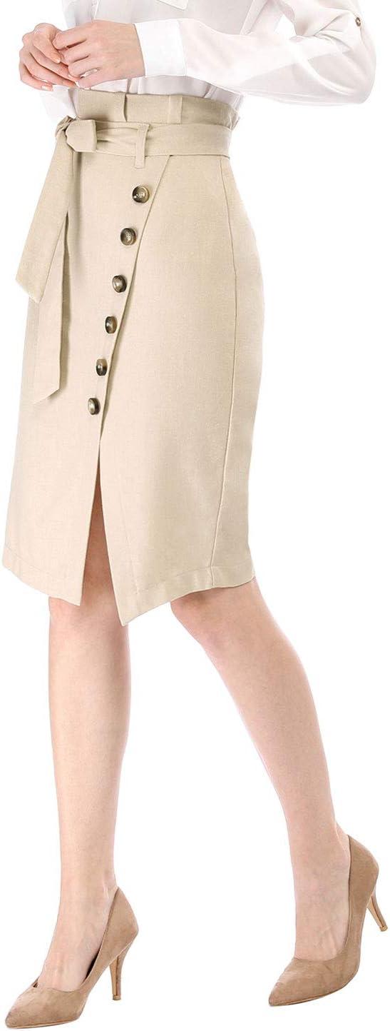 imageAllegra K Womens Button Decor Split Belted Smocked Vintage Short Pencil SkirtBeige