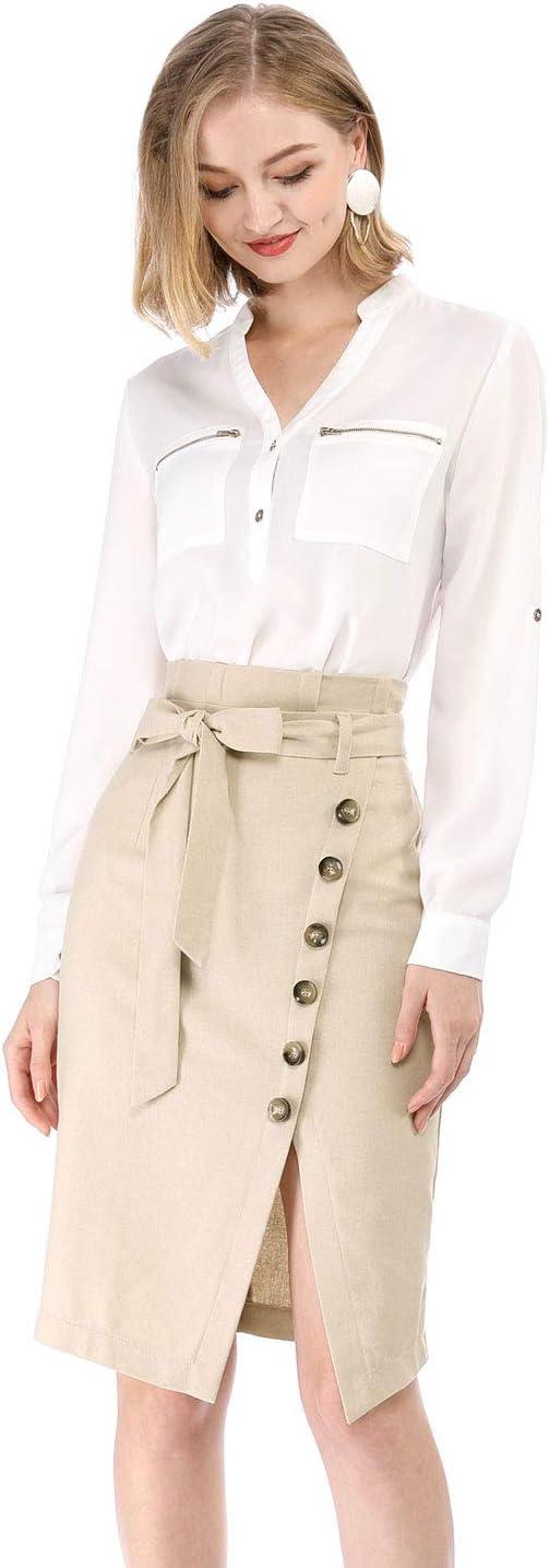 imageAllegra K Womens Button Decor Split Belted Smocked Vintage Short Pencil SkirtBeige