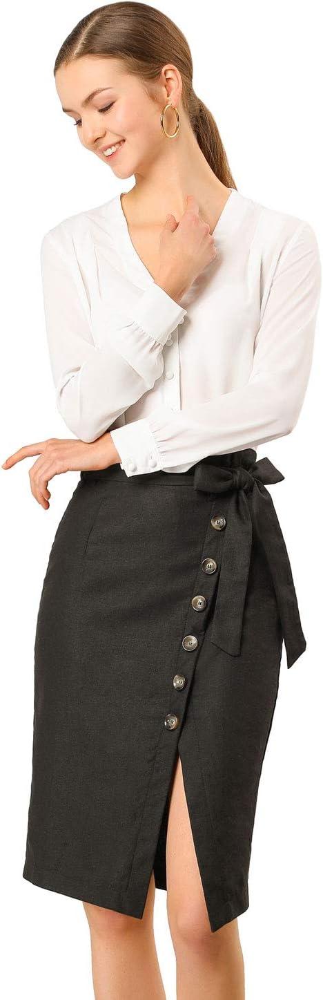 imageAllegra K Womens Button Decor Split Belted Smocked Vintage Short Pencil SkirtBlack