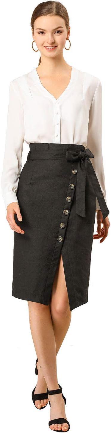 imageAllegra K Womens Button Decor Split Belted Smocked Vintage Short Pencil SkirtBlack