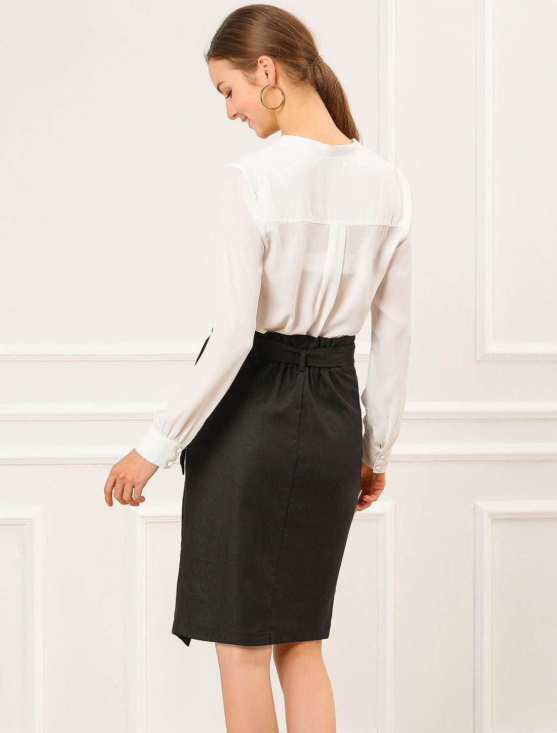 imageAllegra K Womens Button Decor Split Belted Smocked Vintage Short Pencil SkirtBlack