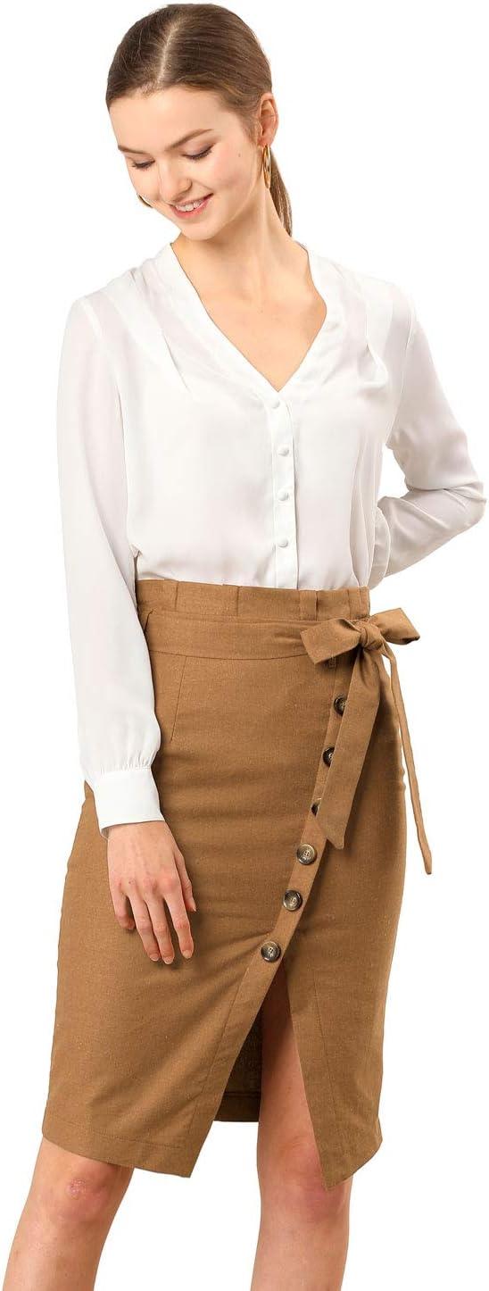 imageAllegra K Womens Button Decor Split Belted Smocked Vintage Short Pencil SkirtBrown