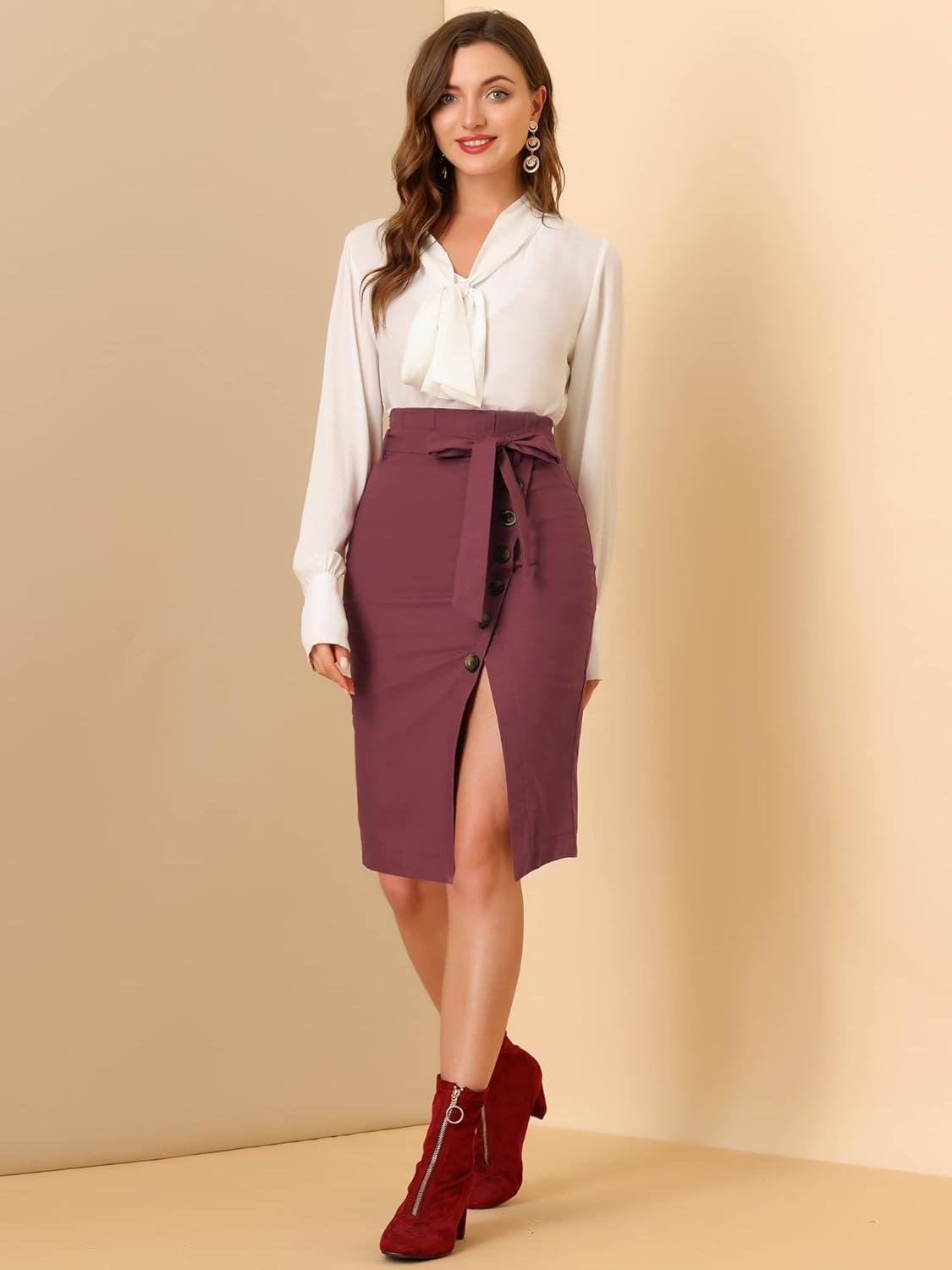 imageAllegra K Womens Button Decor Split Belted Smocked Vintage Short Pencil SkirtBurgundy