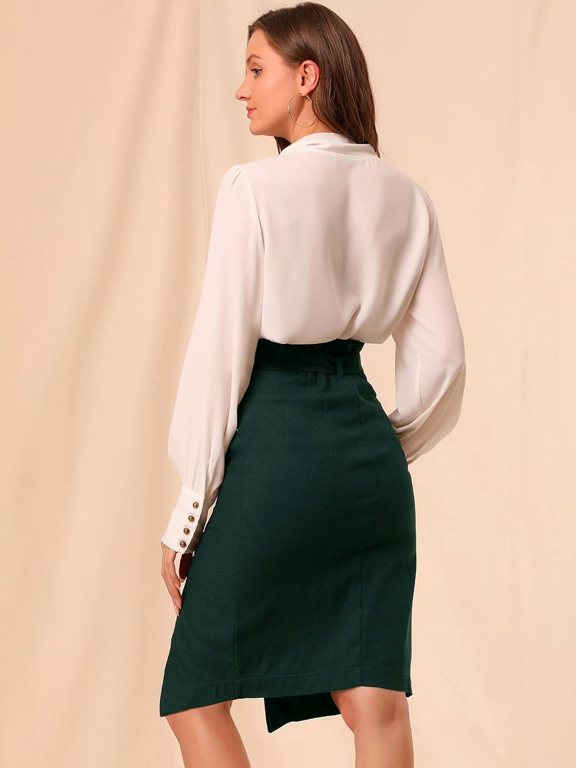 imageAllegra K Womens Button Decor Split Belted Smocked Vintage Short Pencil SkirtGreen