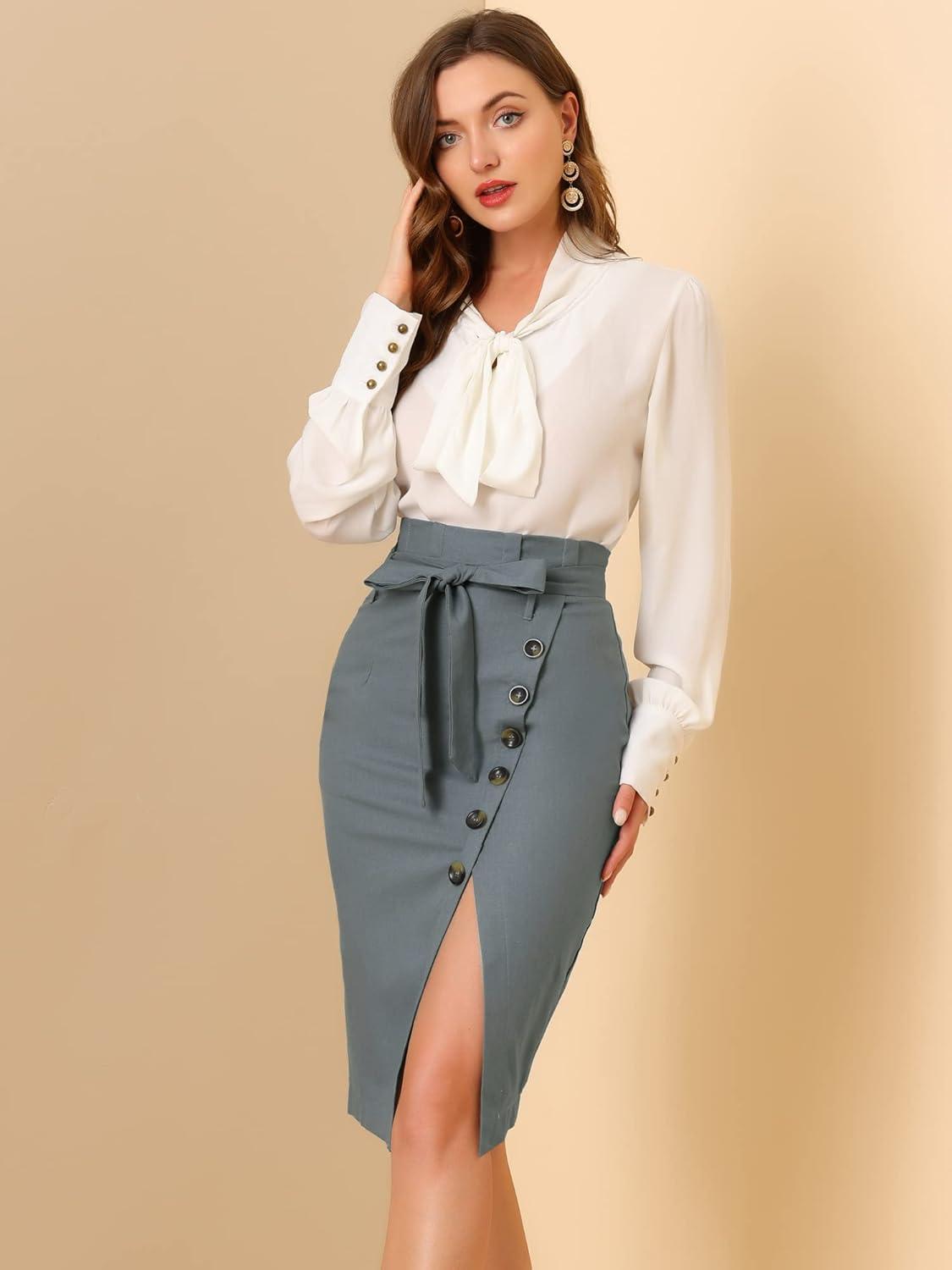 imageAllegra K Womens Button Decor Split Belted Smocked Vintage Short Pencil SkirtGrey