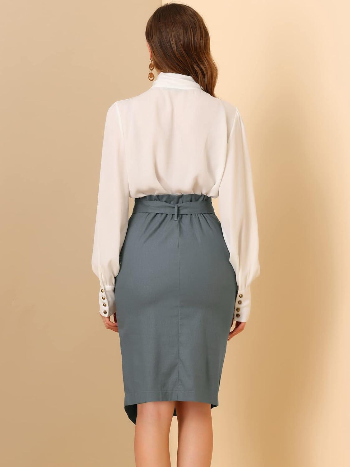 imageAllegra K Womens Button Decor Split Belted Smocked Vintage Short Pencil SkirtGrey