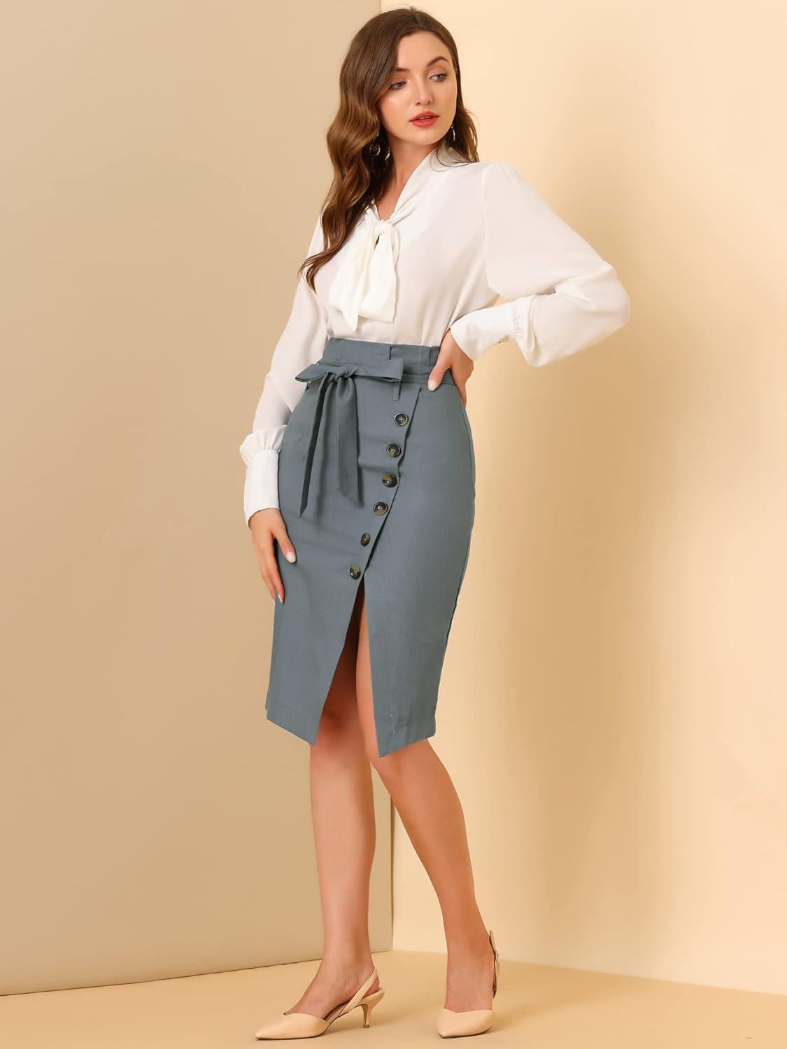 imageAllegra K Womens Button Decor Split Belted Smocked Vintage Short Pencil SkirtGrey