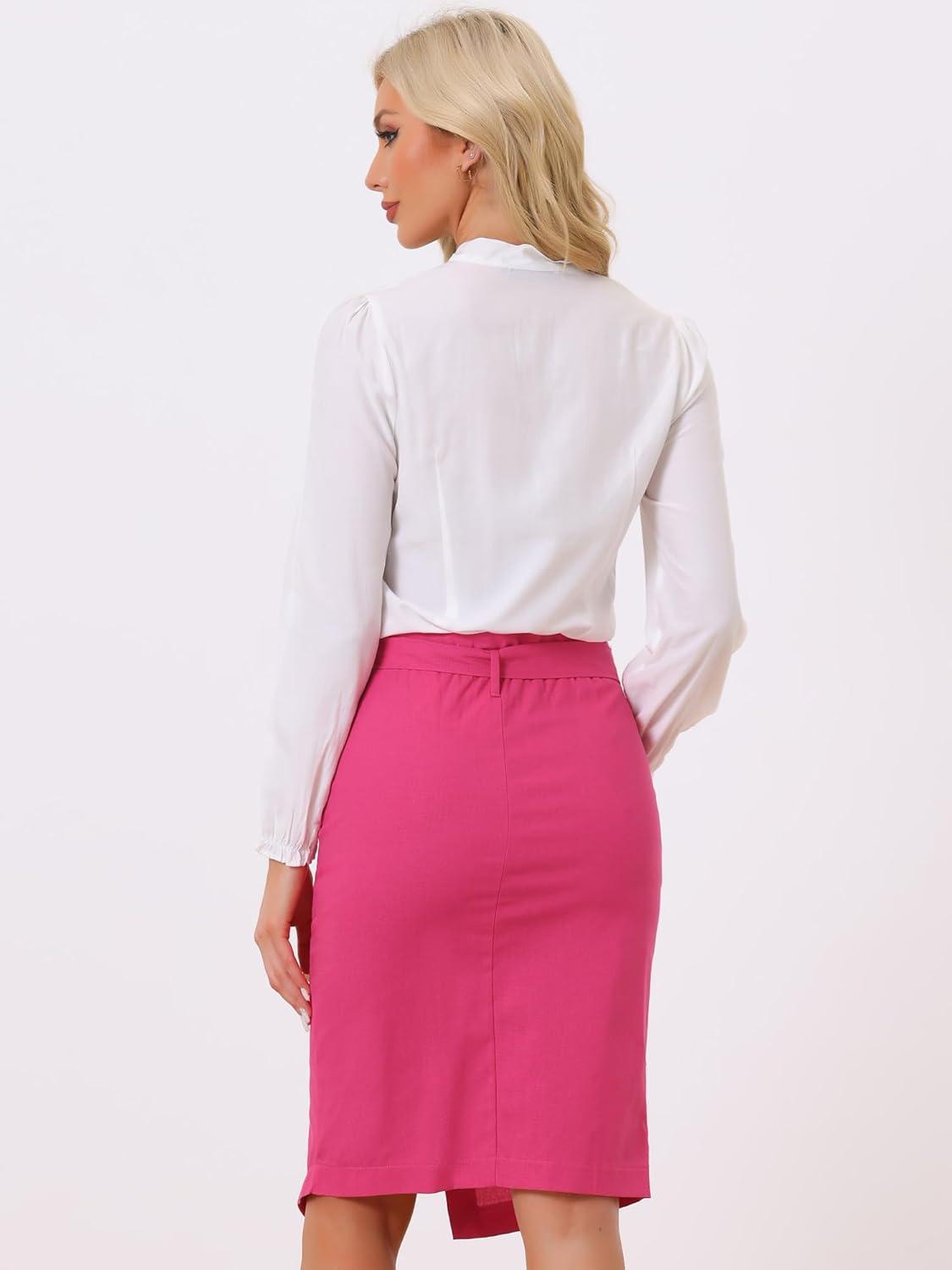 imageAllegra K Womens Button Decor Split Belted Smocked Vintage Short Pencil SkirtHot Pink