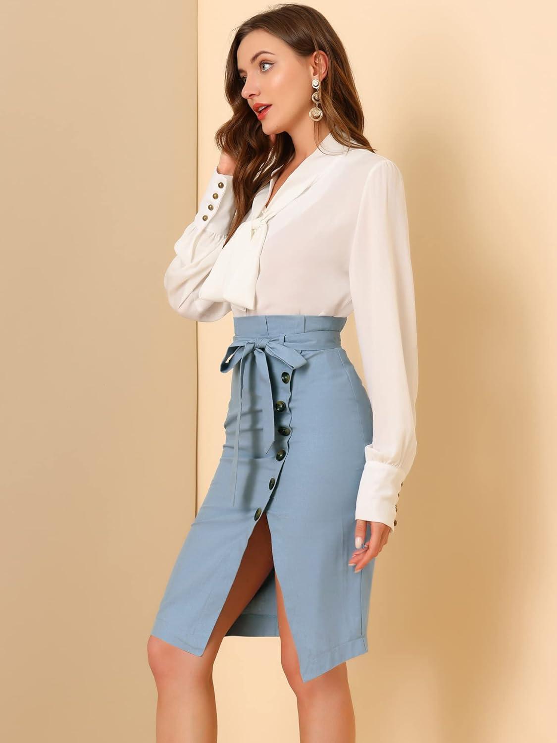 imageAllegra K Womens Button Decor Split Belted Smocked Vintage Short Pencil SkirtLight Blue