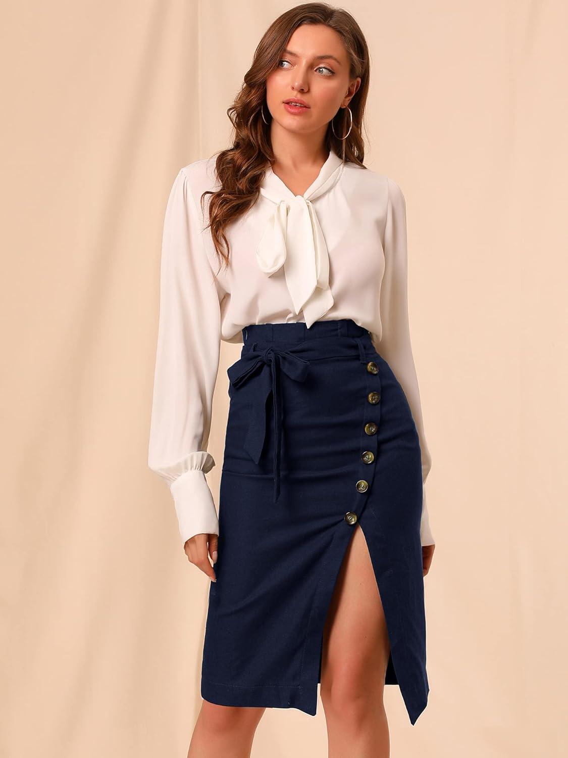 imageAllegra K Womens Button Decor Split Belted Smocked Vintage Short Pencil SkirtNavy Blue
