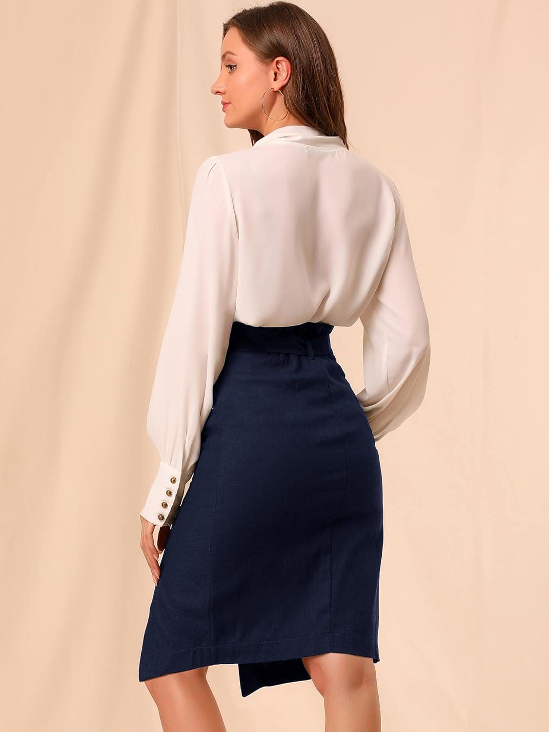 imageAllegra K Womens Button Decor Split Belted Smocked Vintage Short Pencil SkirtNavy Blue