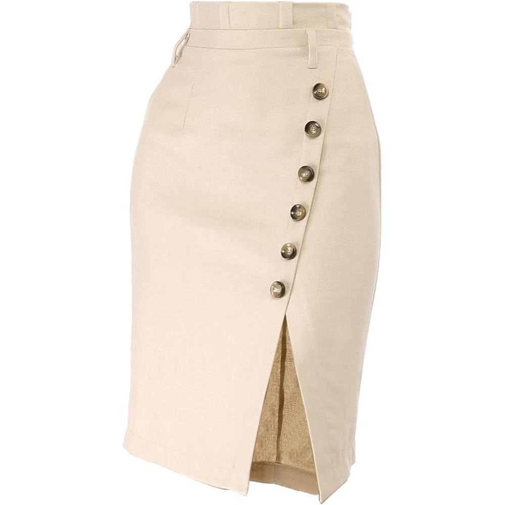 imageAllegra K Womens Button Decor Split Belted Smocked Vintage Short Pencil SkirtBeige