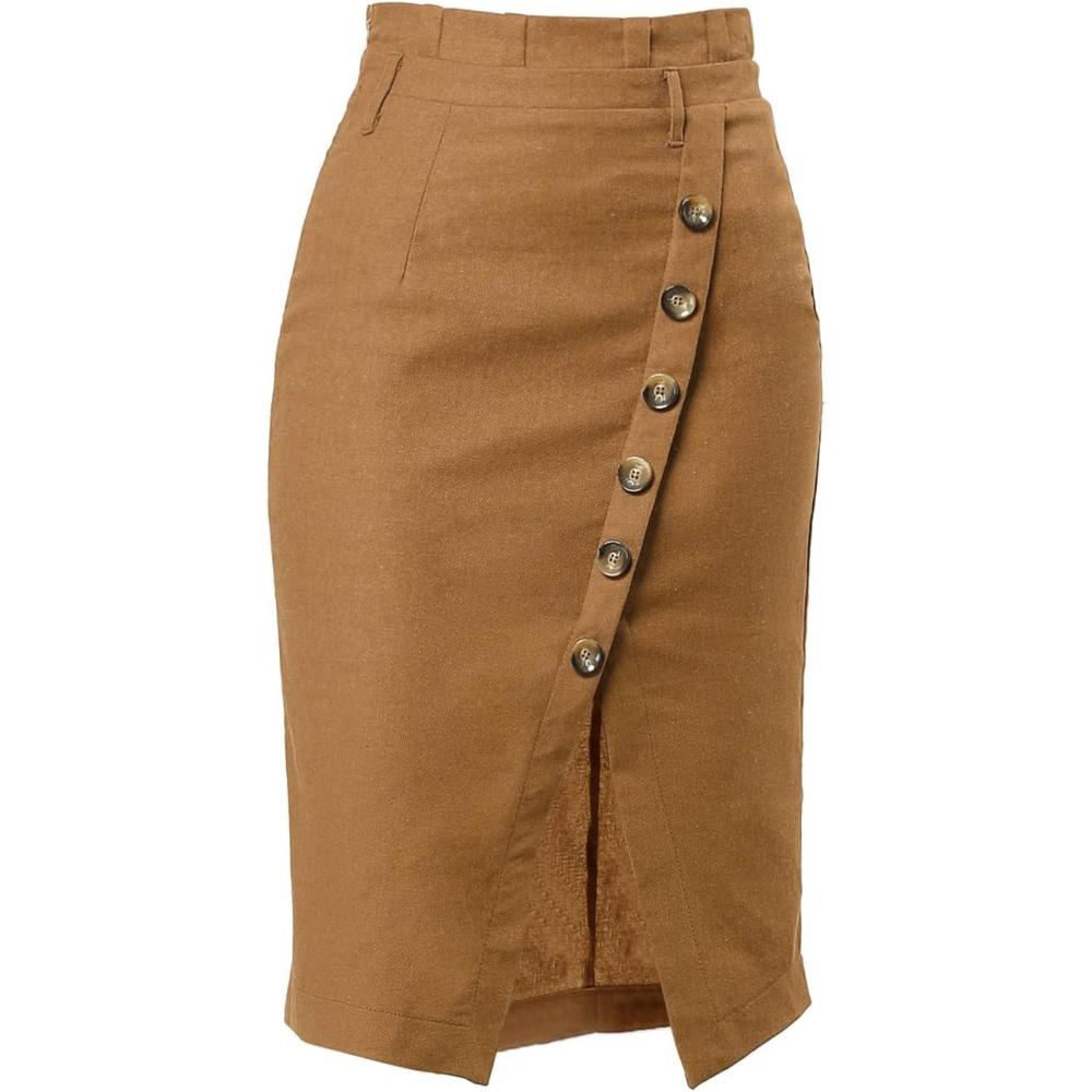 imageAllegra K Womens Button Decor Split Belted Smocked Vintage Short Pencil SkirtBrown