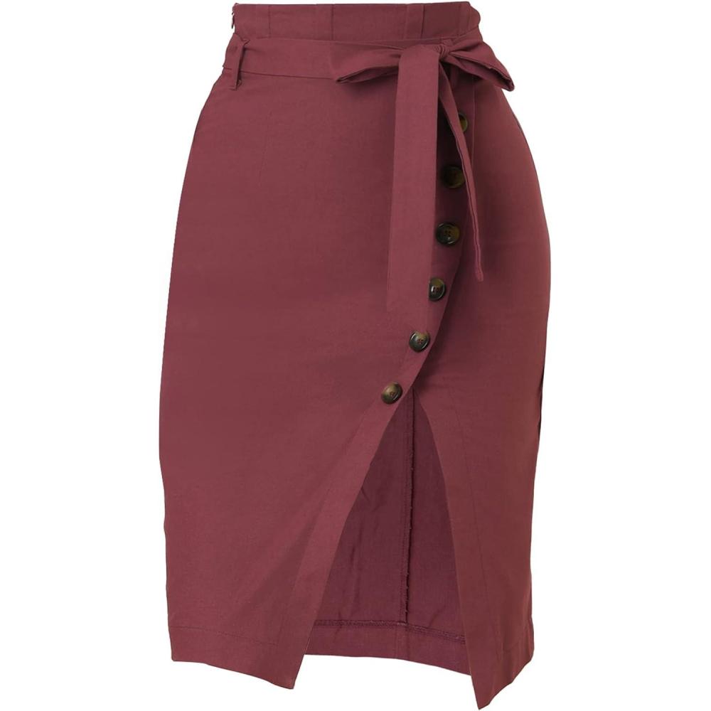 imageAllegra K Womens Button Decor Split Belted Smocked Vintage Short Pencil SkirtBurgundy