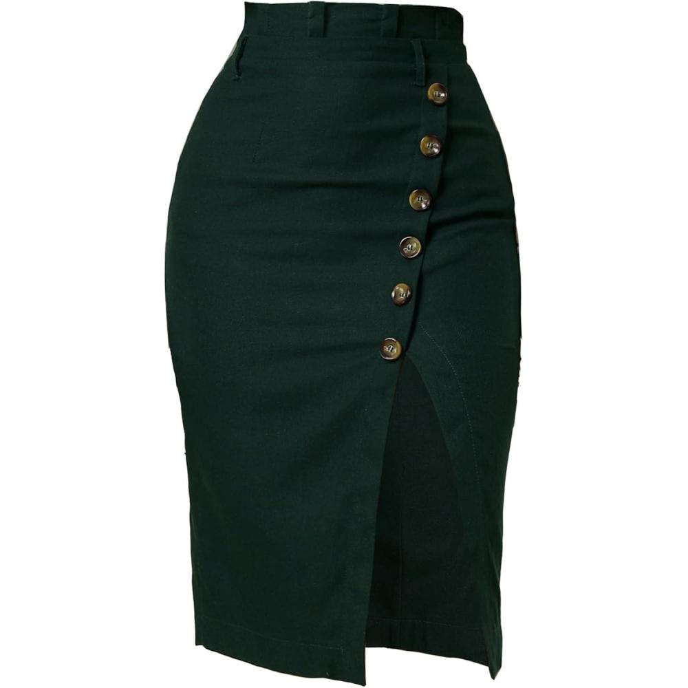 imageAllegra K Womens Button Decor Split Belted Smocked Vintage Short Pencil SkirtGreen