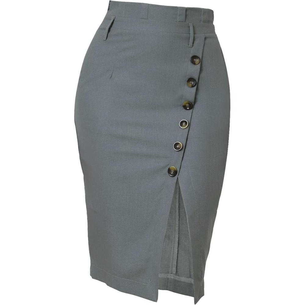 imageAllegra K Womens Button Decor Split Belted Smocked Vintage Short Pencil SkirtGrey
