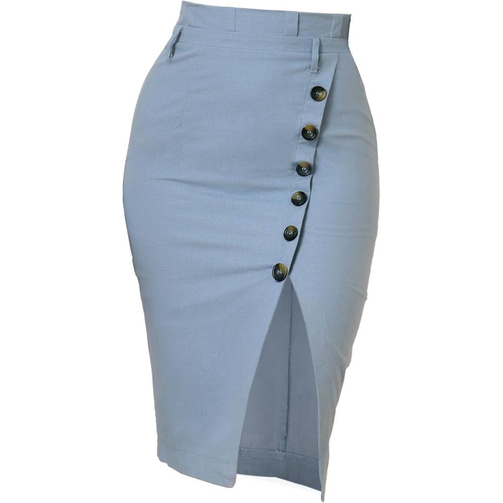 imageAllegra K Womens Button Decor Split Belted Smocked Vintage Short Pencil SkirtLight Blue