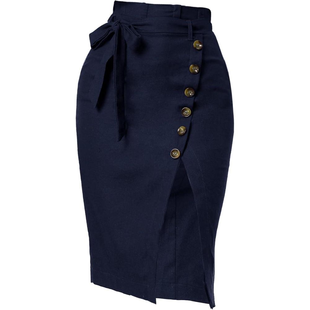 imageAllegra K Womens Button Decor Split Belted Smocked Vintage Short Pencil SkirtNavy Blue