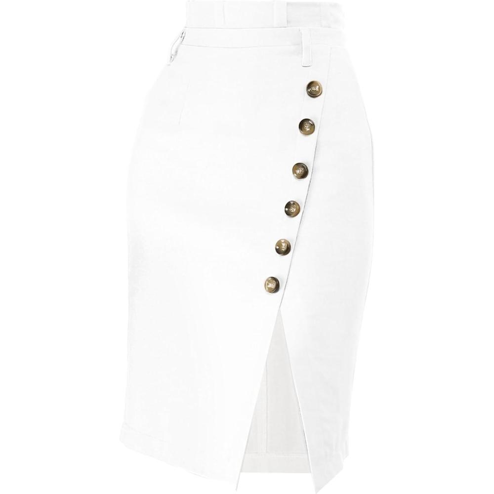 imageAllegra K Womens Button Decor Split Belted Smocked Vintage Short Pencil SkirtWhite