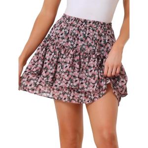 imageAllegra K Womens 2023 Floral Tiered Ruffle Skirts Cute Summer Flowy Chiffon Mini SkirtBlack Pink