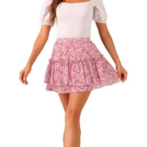 imageAllegra K Womens 2023 Floral Tiered Ruffle Skirts Cute Summer Flowy Chiffon Mini SkirtDeep Pink