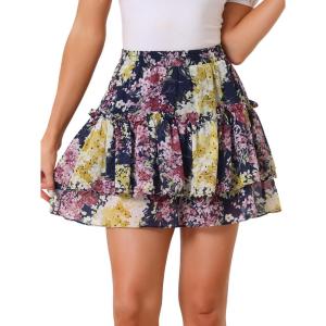 imageAllegra K Womens 2023 Floral Tiered Ruffle Skirts Cute Summer Flowy Chiffon Mini SkirtNavy Blue