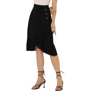 imageAllegra K Womens 2023 High Waisted Button Decor Asymmetrical Ruffle Hem SkirtBlack