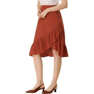 imageAllegra K Womens 2023 High Waisted Button Decor Asymmetrical Ruffle Hem SkirtBrick Red