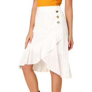 imageAllegra K Womens 2023 High Waisted Button Decor Asymmetrical Ruffle Hem SkirtWhite