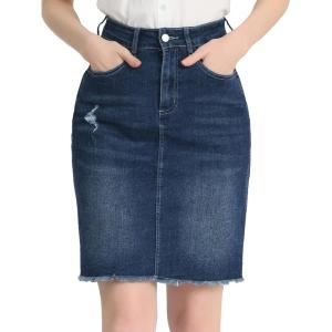 imageAllegra K Womens Basic Distressed High Waist Ripped Hem Washed Jeans Denim SkirtDeep Blue