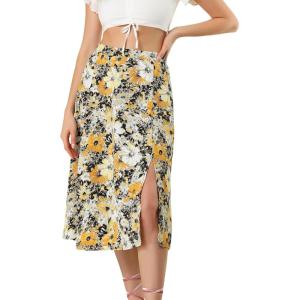 imageAllegra K Womens Boho Floral High Waist Split A Line Midi SkirtBlack Yellow